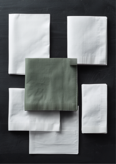 Guardanapos de papel para restaurante — vários formatos 22x22, 33x33 e 40x40, branco e com cor, catálogo profissional Leopack
