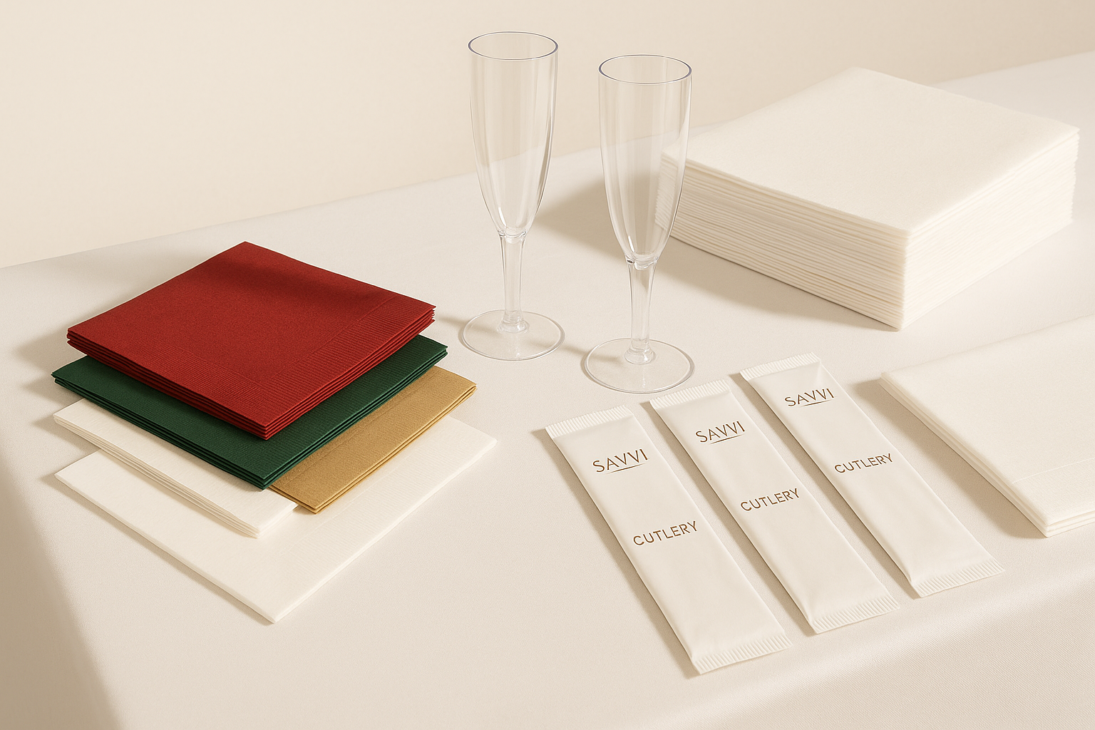 uma imagem que realce produtos para restauração como guardanapos de papel toalhas de mesa de papel saquetas para talher de papel copos de flute de plastico